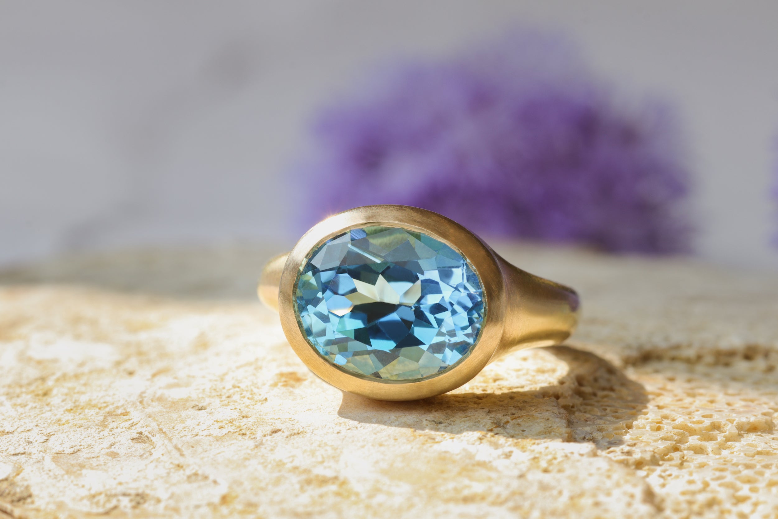 14k Solid Yellow Gold Ring, Natural Swiss Blue Topaz Halo Ring, 7x5mm
